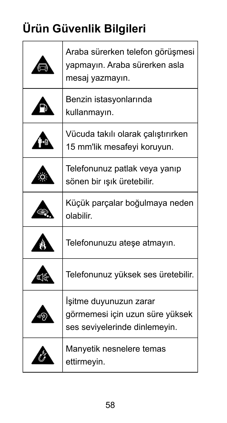 Ürün güvenlik bilgileri | ZTE Axon mini User Manual | Page 60 / 96