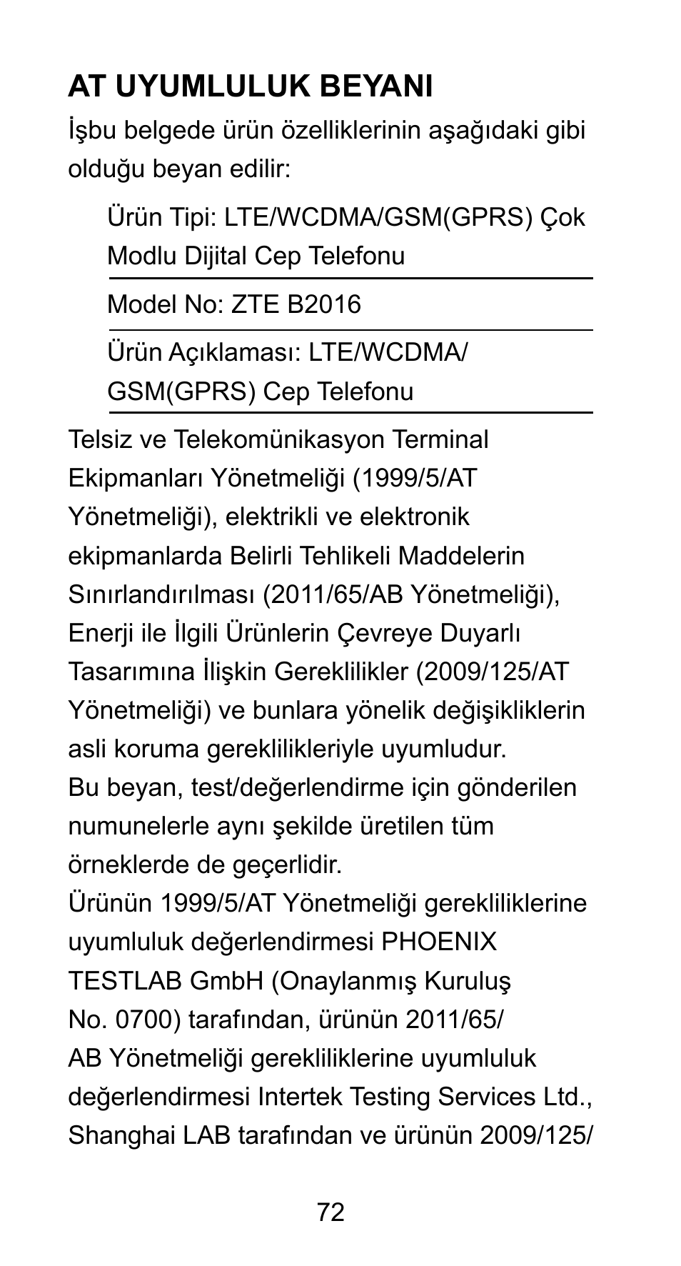 At uyumluluk beyani | ZTE Axon mini User Manual | Page 74 / 96