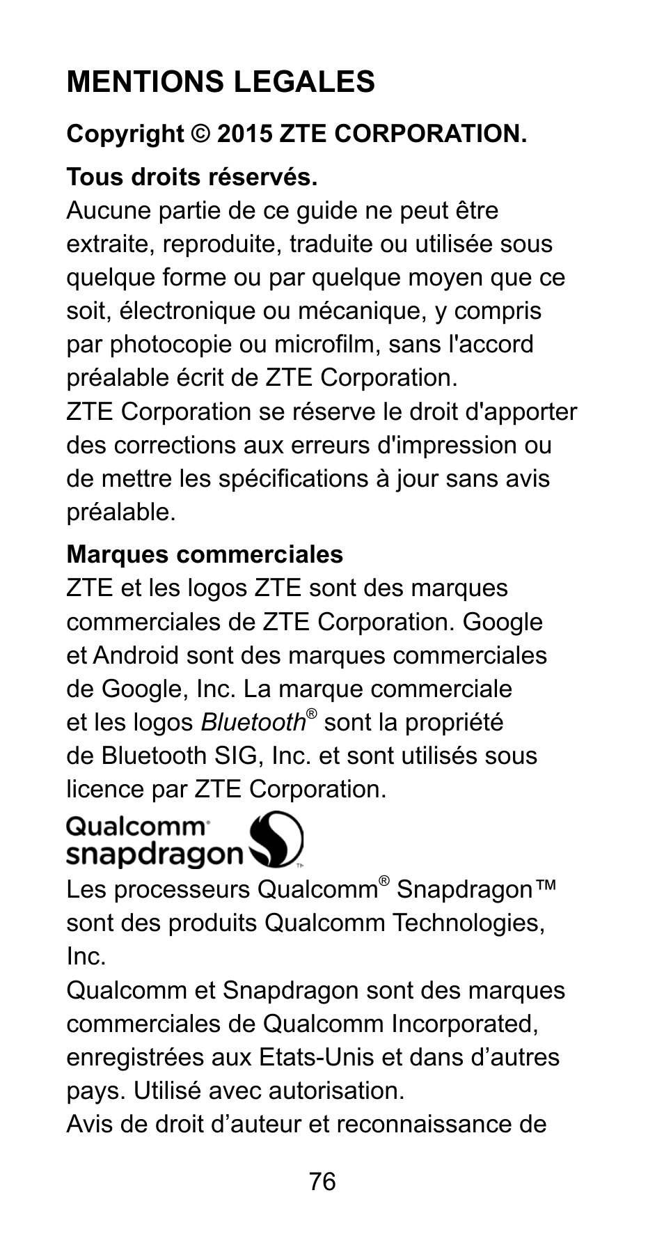 Mentions legales | ZTE Axon mini User Manual | Page 78 / 96