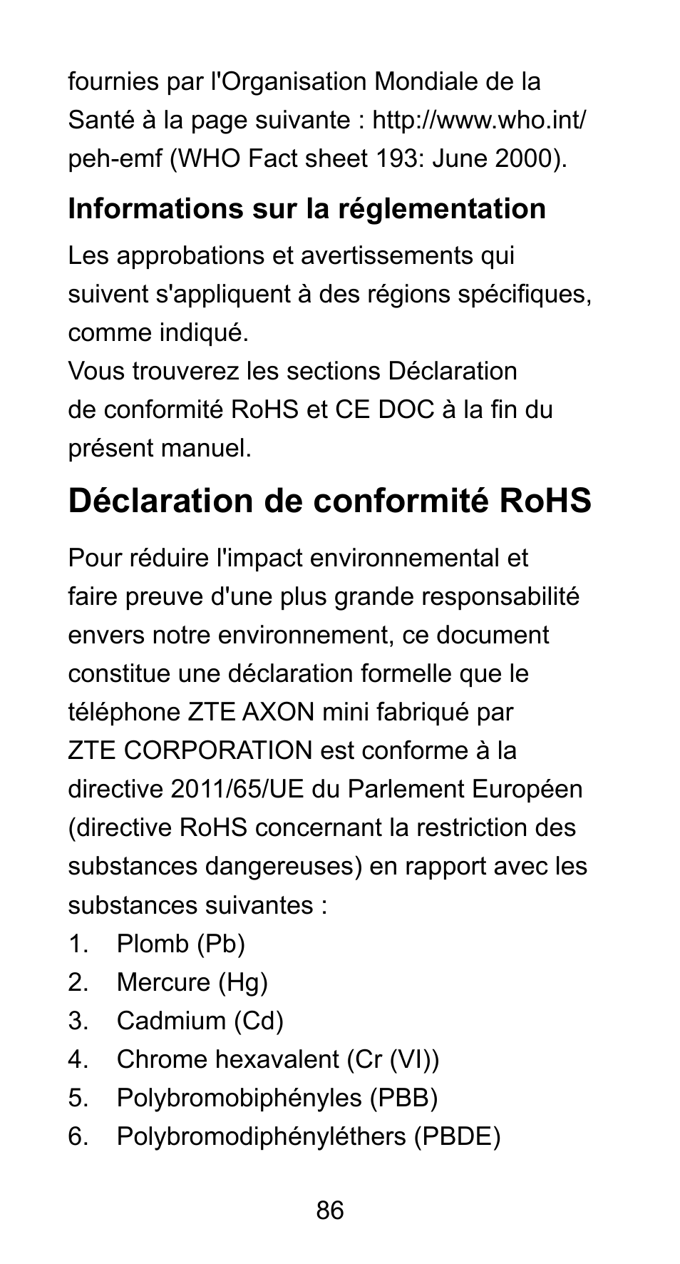 Déclaration de conformité rohs | ZTE Axon mini User Manual | Page 88 / 96
