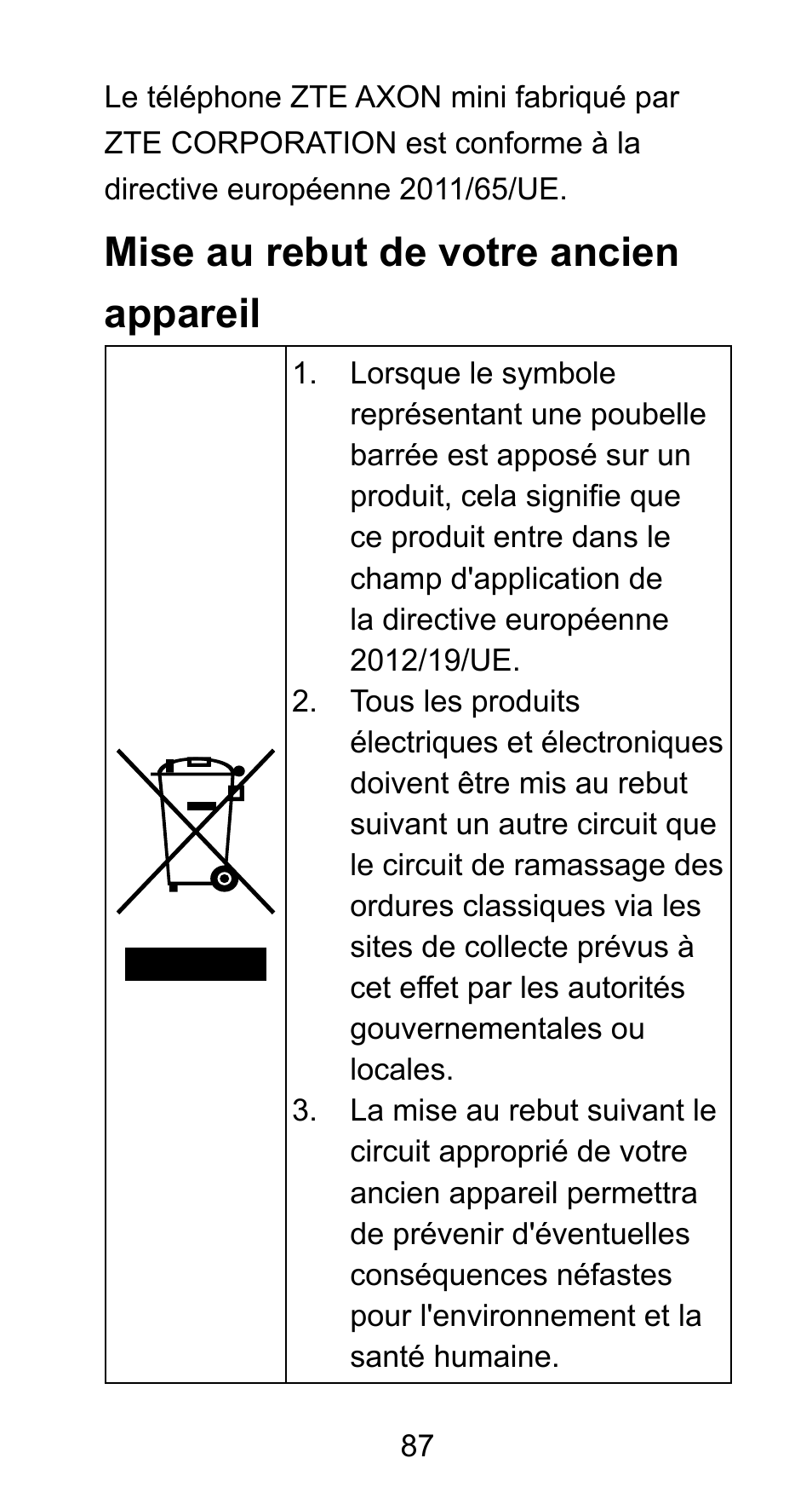 Mise au rebut de votre ancien appareil | ZTE Axon mini User Manual | Page 89 / 96
