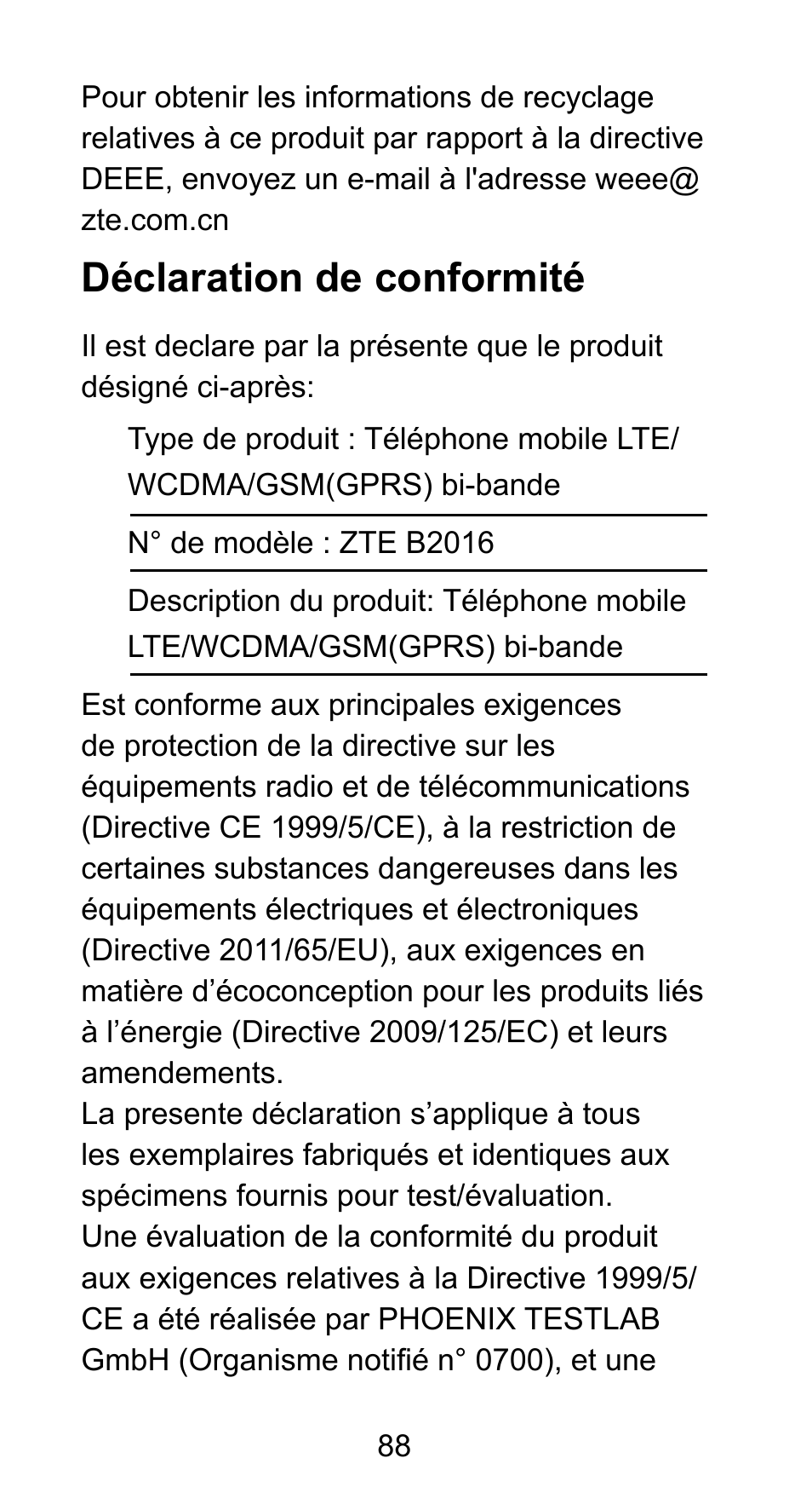 Déclaration de conformité | ZTE Axon mini User Manual | Page 90 / 96