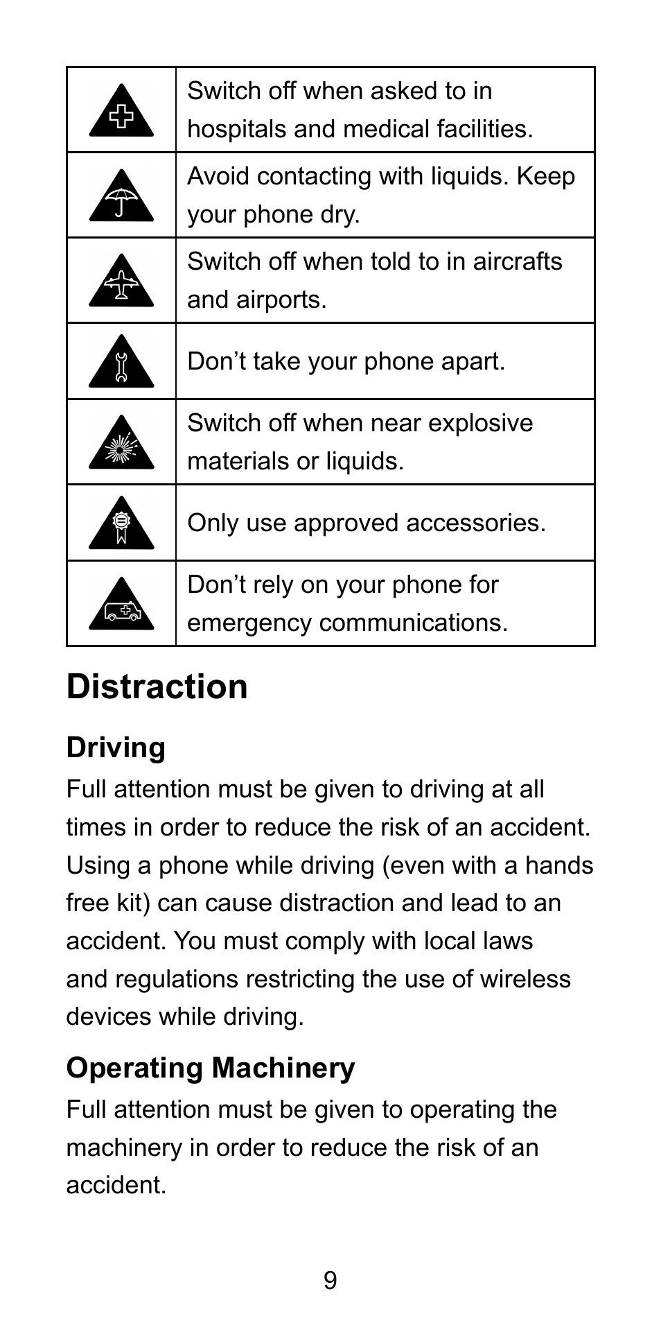 Distraction, Driving, Operating machinery | Driving operating machinery | ZTE Blade L3 User Manual | Page 10 / 56