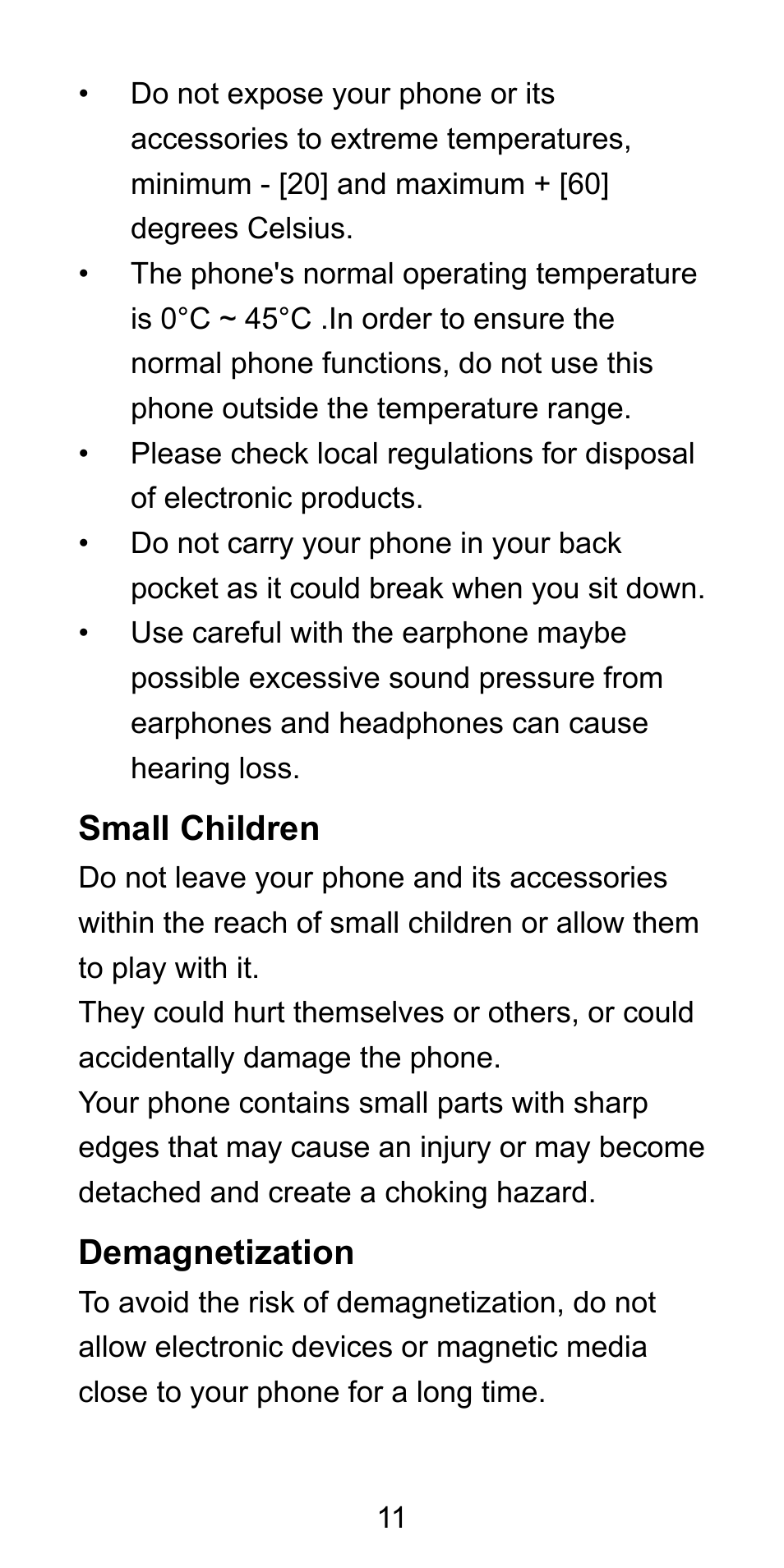 Small children, Demagnetization | ZTE Blade L3 User Manual | Page 12 / 56