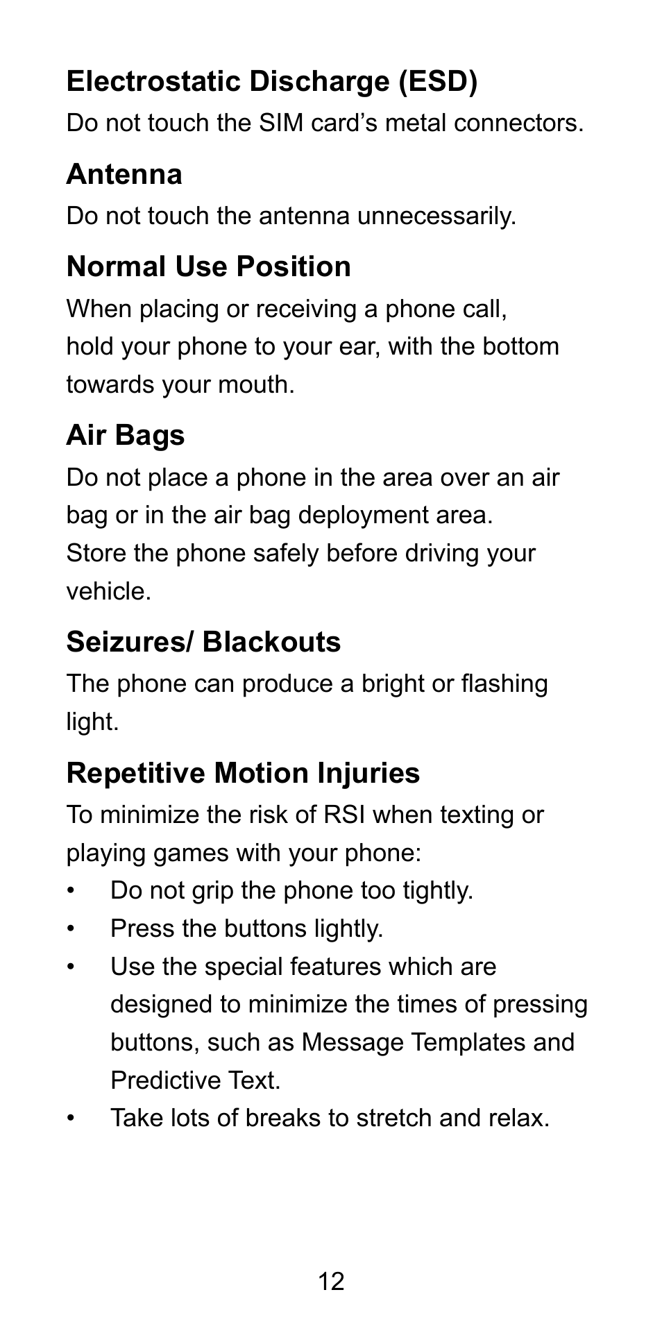 Electrostatic discharge (esd), Antenna, Normal use position | Air bags, Seizures/ blackouts, Repetitive motion injuries | ZTE Blade L3 User Manual | Page 13 / 56