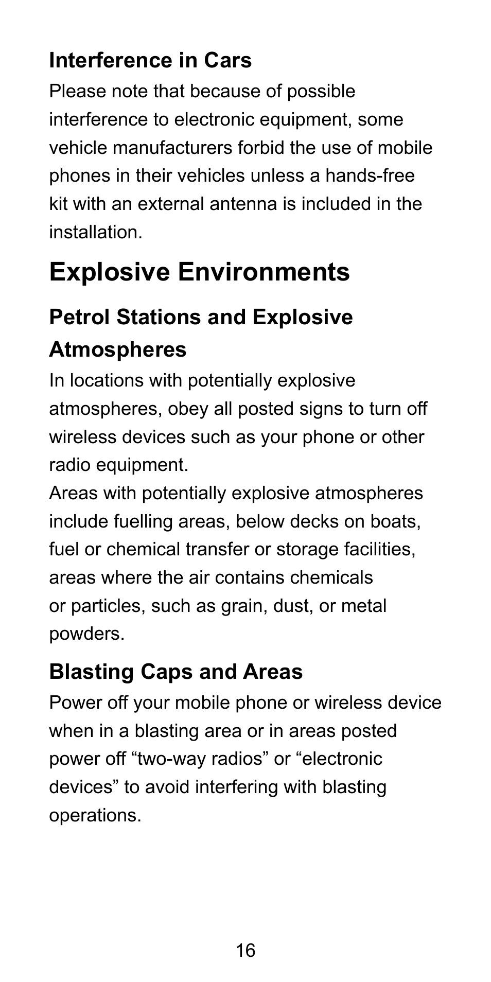 Interference in cars, Explosive environments, Petrol stations and explosive atmospheres | Blasting caps and areas, Interference in cars ..........................6 | ZTE Blade L3 User Manual | Page 17 / 56