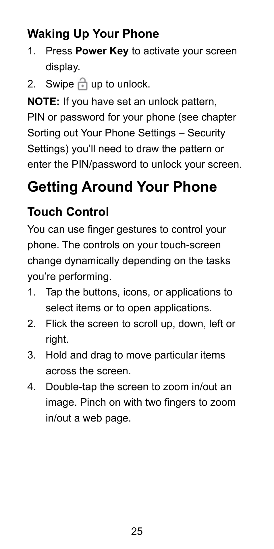 Waking up your phone, Getting around your phone, Touch control | Waking up your phone .....................5, Getting around your phone .....................5 | ZTE Blade L3 User Manual | Page 26 / 56