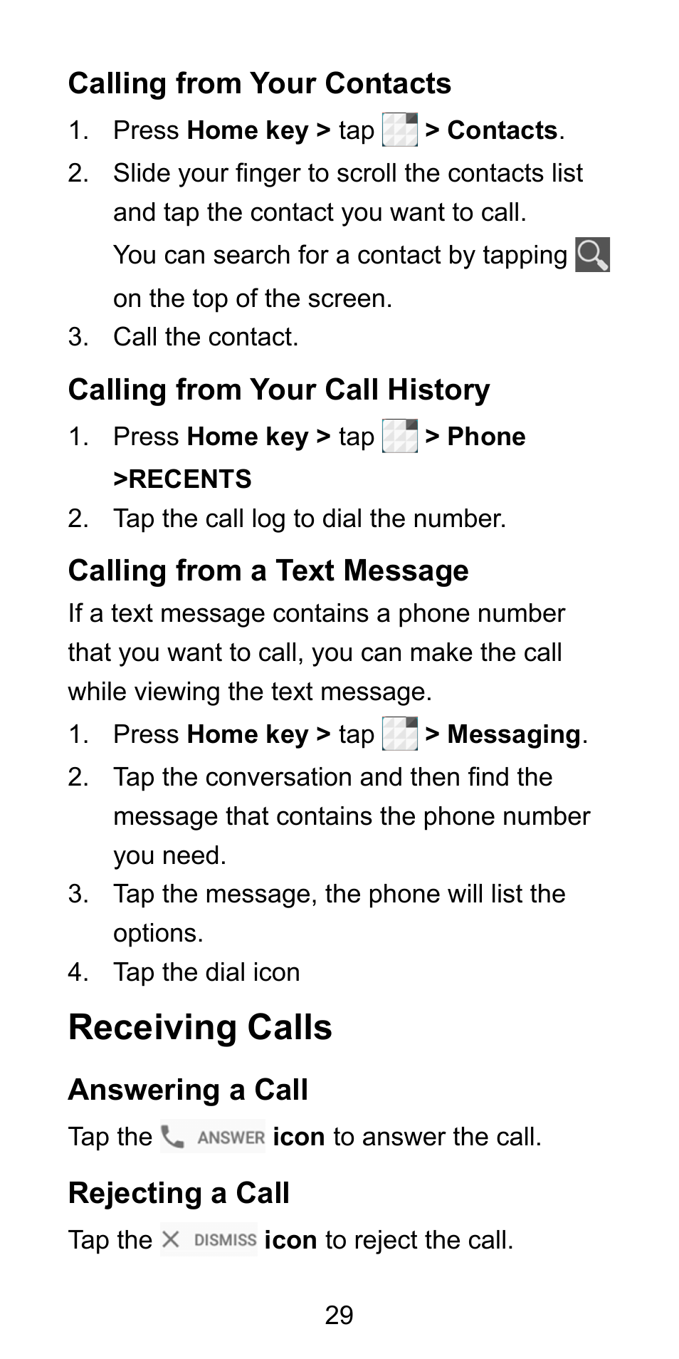 Calling from your contacts, Calling from your call history, Calling from a text message | Receiving calls, Answering a call, Rejecting a call, Calling from your contacts ...............9 | ZTE Blade L3 User Manual | Page 30 / 56