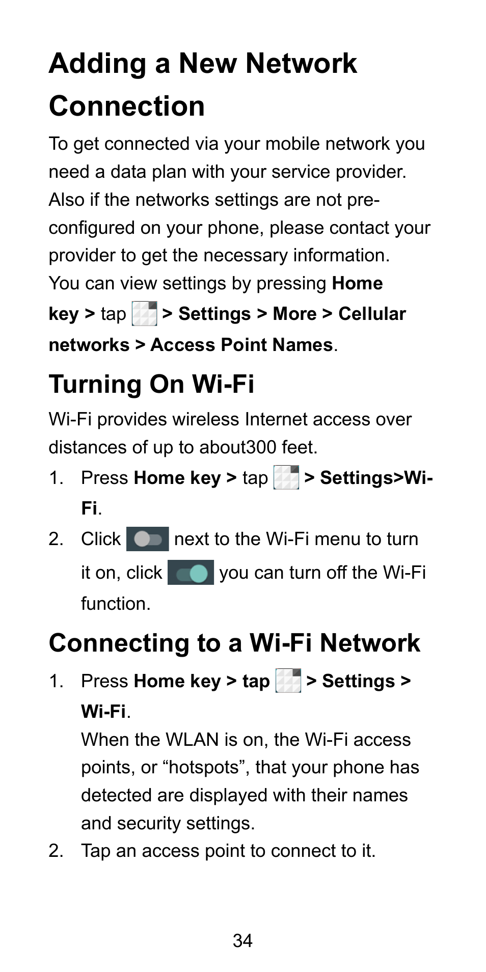 Adding a new network connection, Turning on wi-fi, Connecting to a wi-fi network | ZTE Blade L3 User Manual | Page 35 / 56