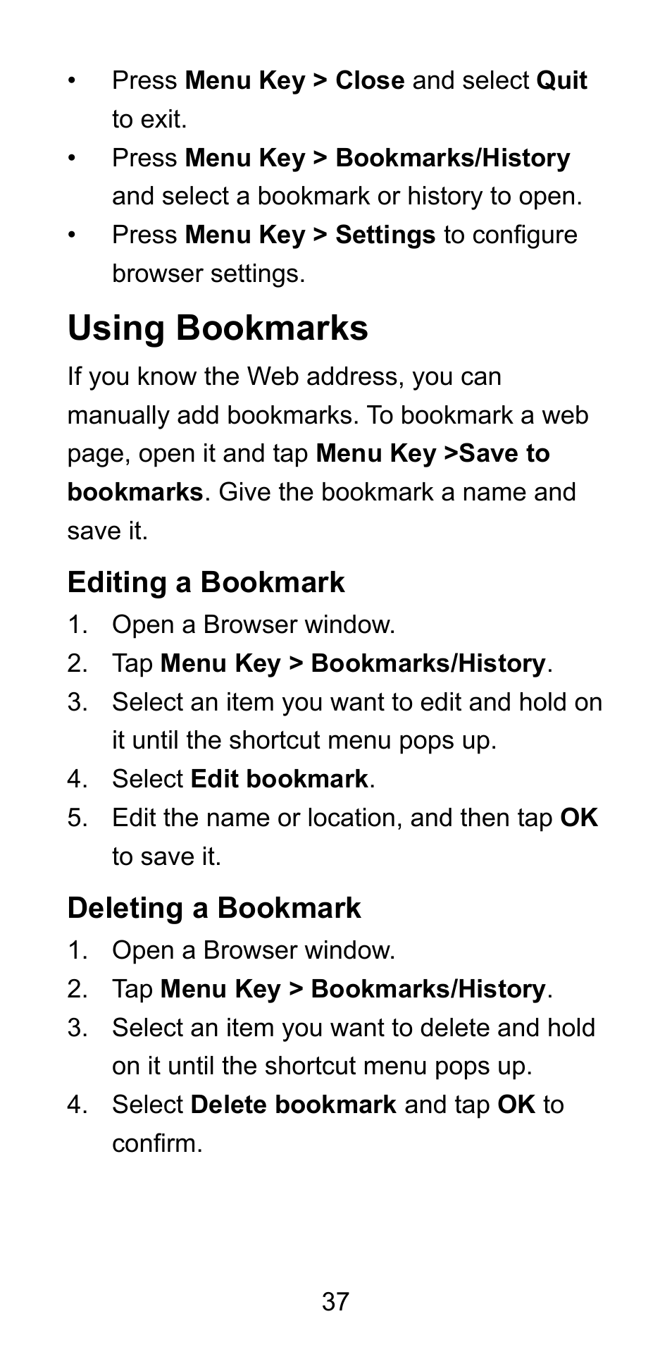 Using bookmarks, Editing a bookmark, Deleting a bookmark | Editing a bookmark ...........................7, Deleting a bookmark .........................7 | ZTE Blade L3 User Manual | Page 38 / 56