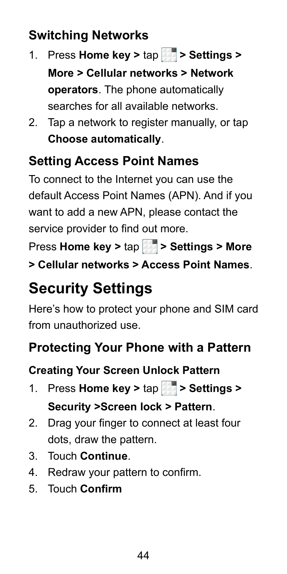 Switching networks, Setting access point names, Security settings | Protecting your phone with a pattern, Switching networks setting access point names | ZTE Blade L3 User Manual | Page 45 / 56