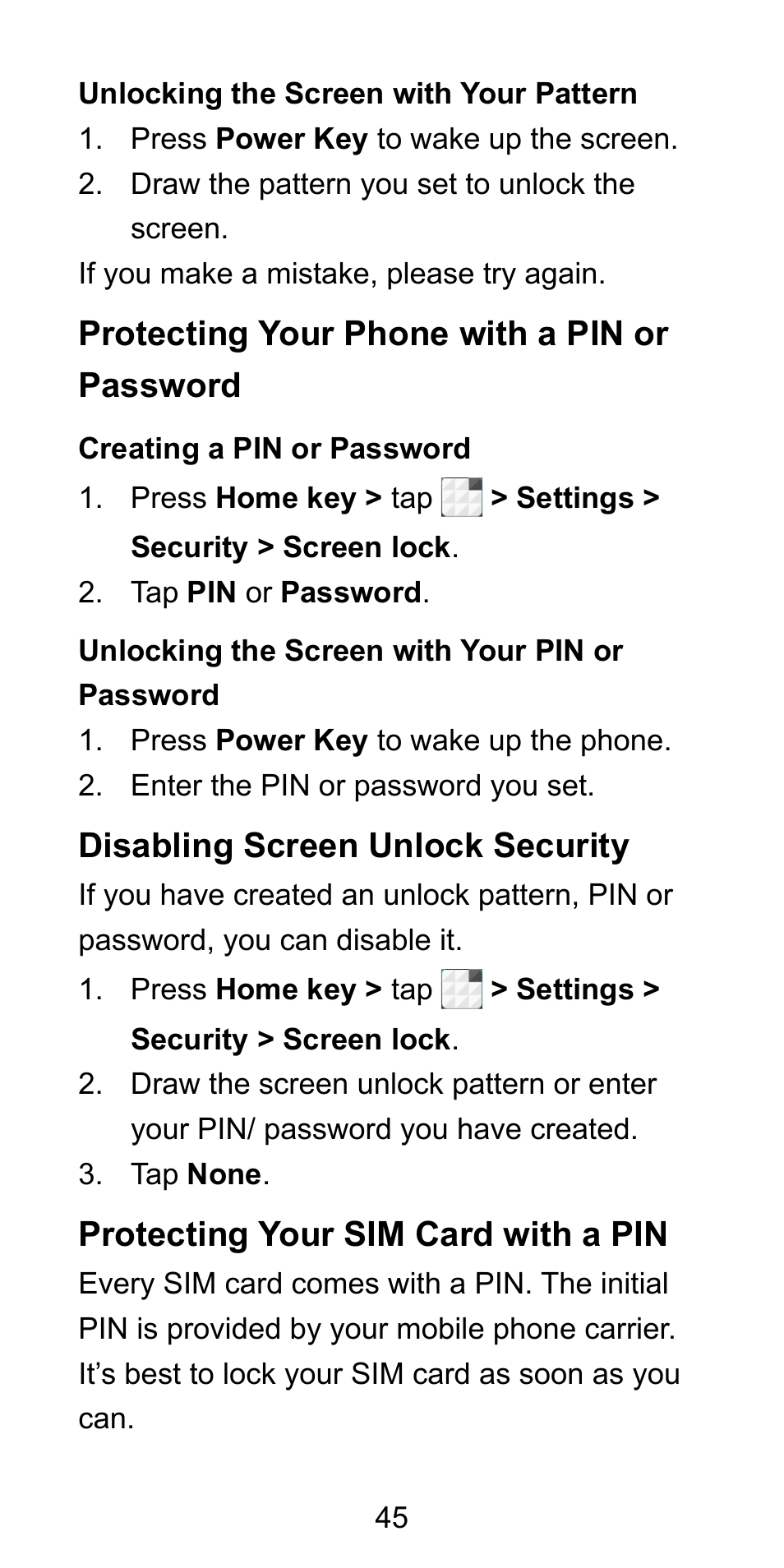 Protecting your phone with a pin or password, Disabling screen unlock security, Protecting your sim card with a pin | ZTE Blade L3 User Manual | Page 46 / 56