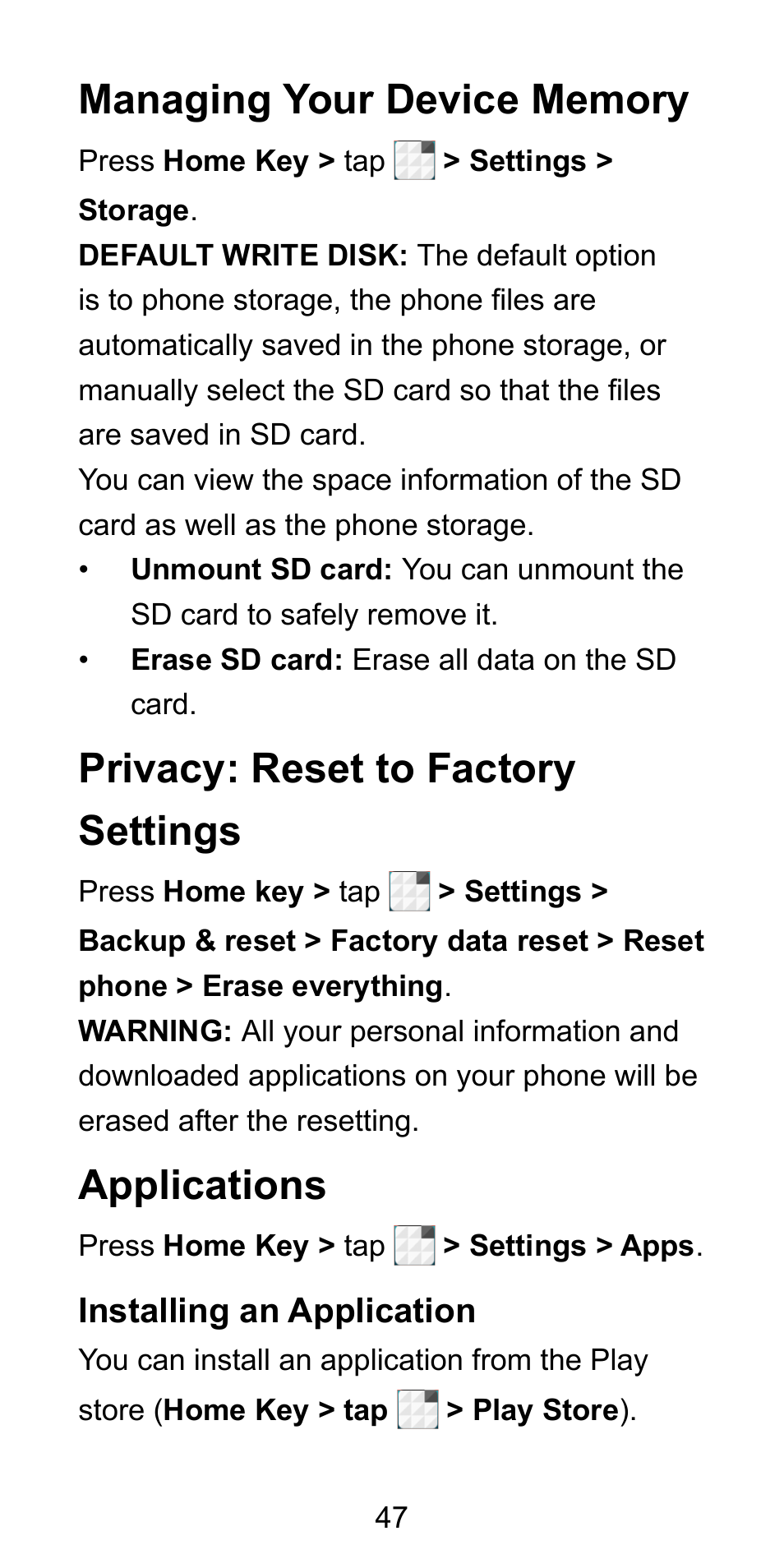 Managing your device memory, Privacy: reset to factory settings, Applications | Installing an application | ZTE Blade L3 User Manual | Page 48 / 56