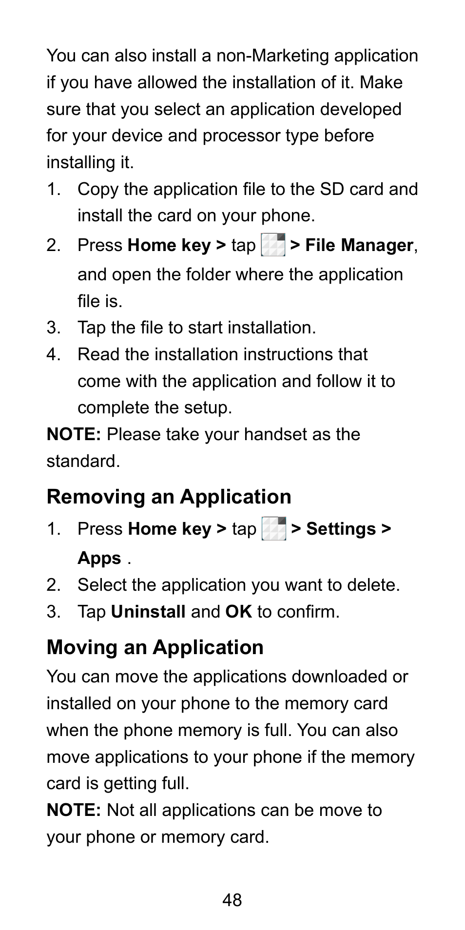 Removing an application, Moving an application, Removing an application moving an application | ZTE Blade L3 User Manual | Page 49 / 56