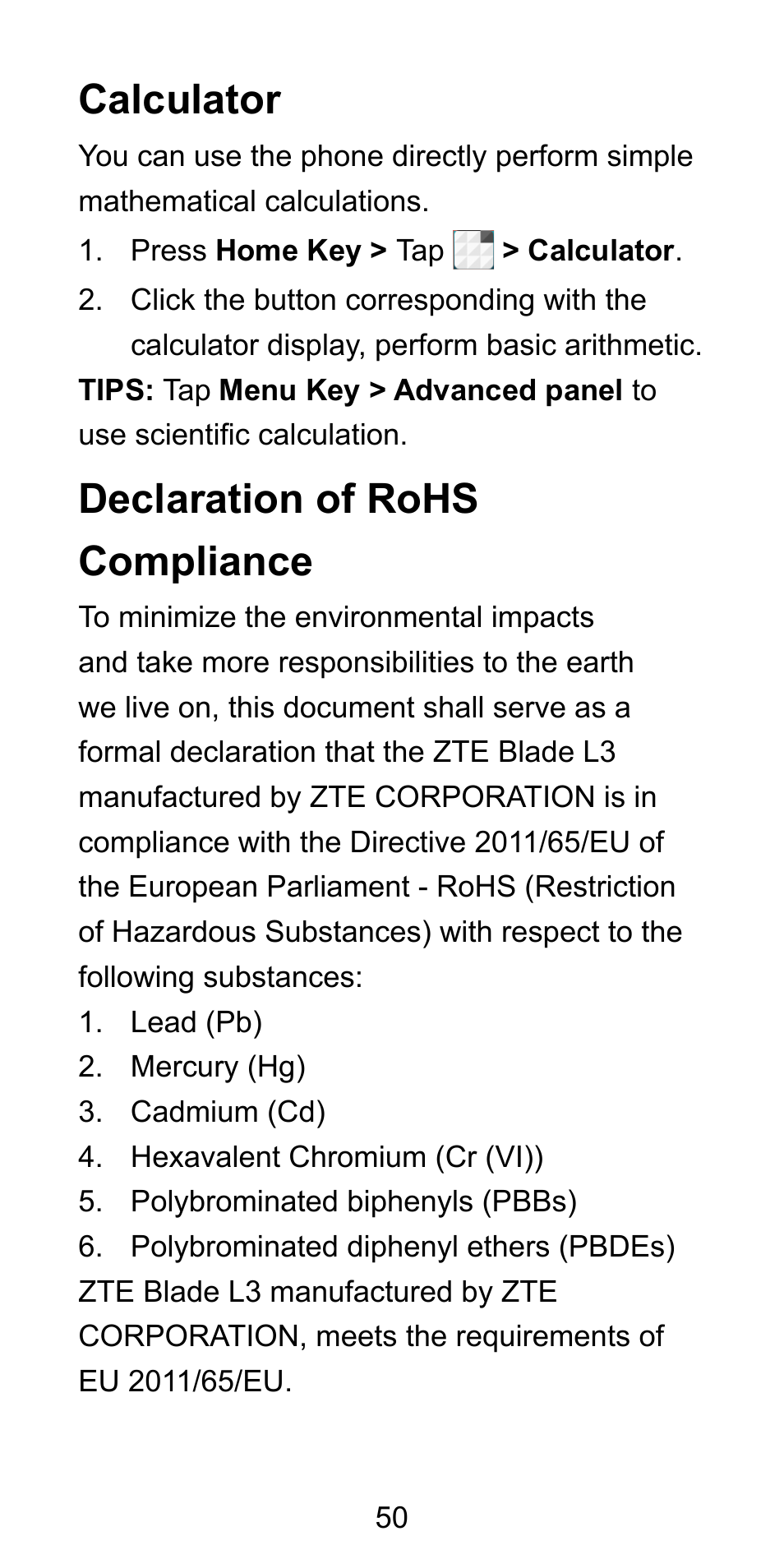 Calculator, Declaration of rohs compliance, Calculator declaration of rohs compliance | ZTE Blade L3 User Manual | Page 51 / 56