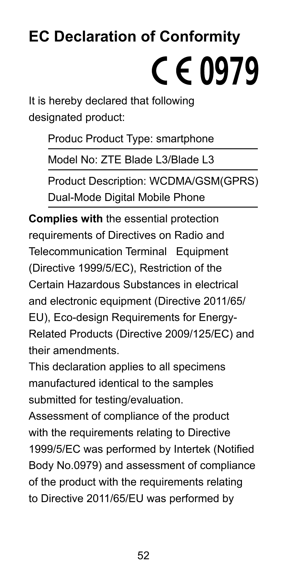 Ec declaration of conformity | ZTE Blade L3 User Manual | Page 53 / 56