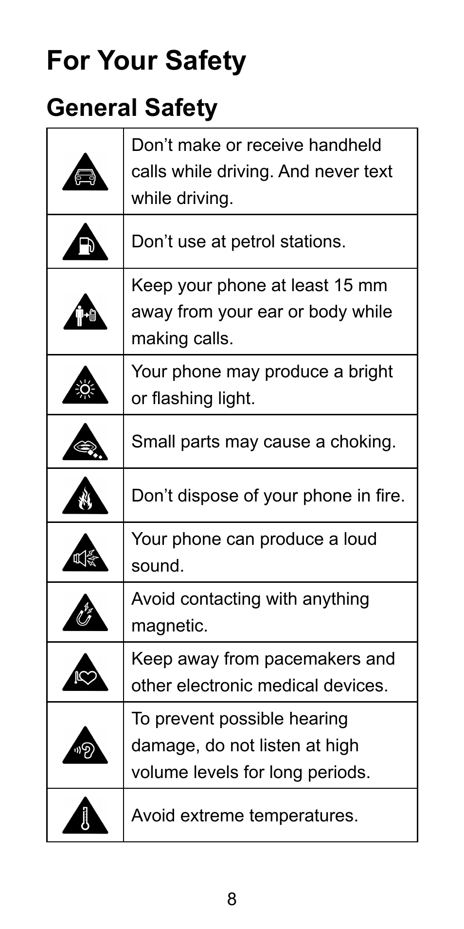 For your safety, General safety | ZTE Blade L3 User Manual | Page 9 / 56