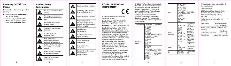 Powering on/off your phone, Ec declaration of conformity, Product safety information | ZTE Blade C320 User Manual | Page 2 / 2