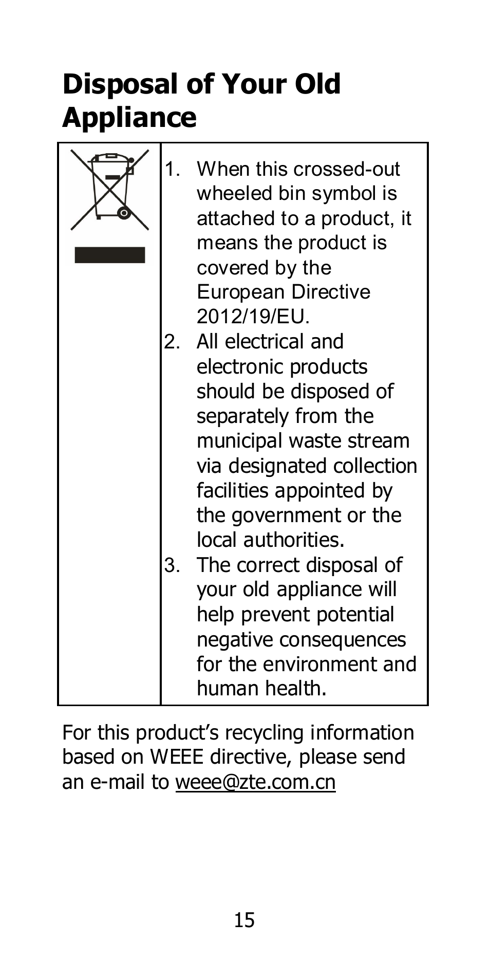 Disposal of your old appliance | ZTE Blade L2 User Manual | Page 15 / 20