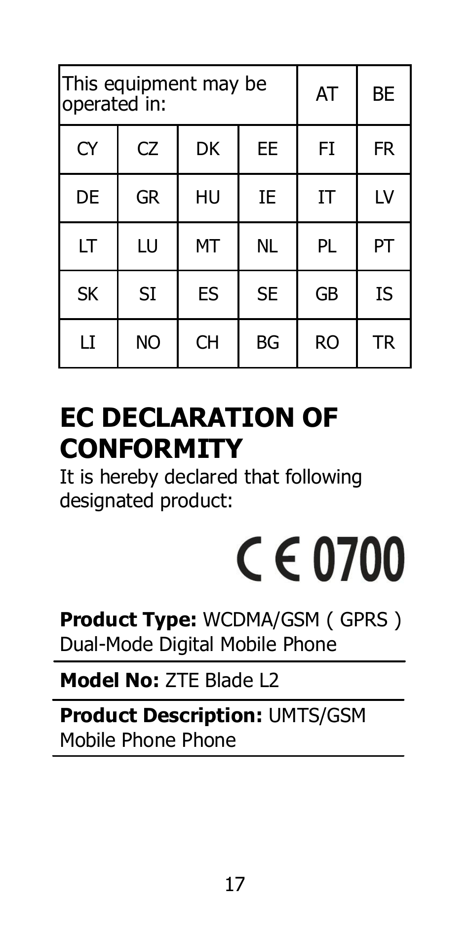 Ec declaration of conformity | ZTE Blade L2 User Manual | Page 17 / 20
