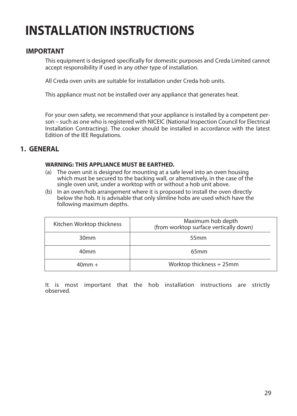 Installation instructions | Creda REFLECTION User Manual | Page 29 / 36