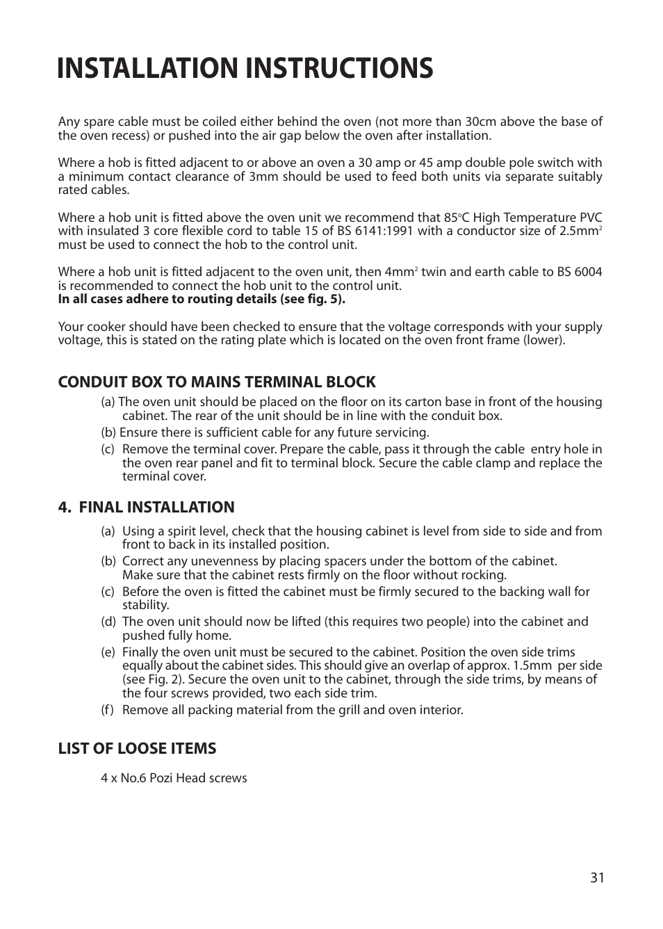 Installation instructions | Creda REFLECTION User Manual | Page 31 / 36