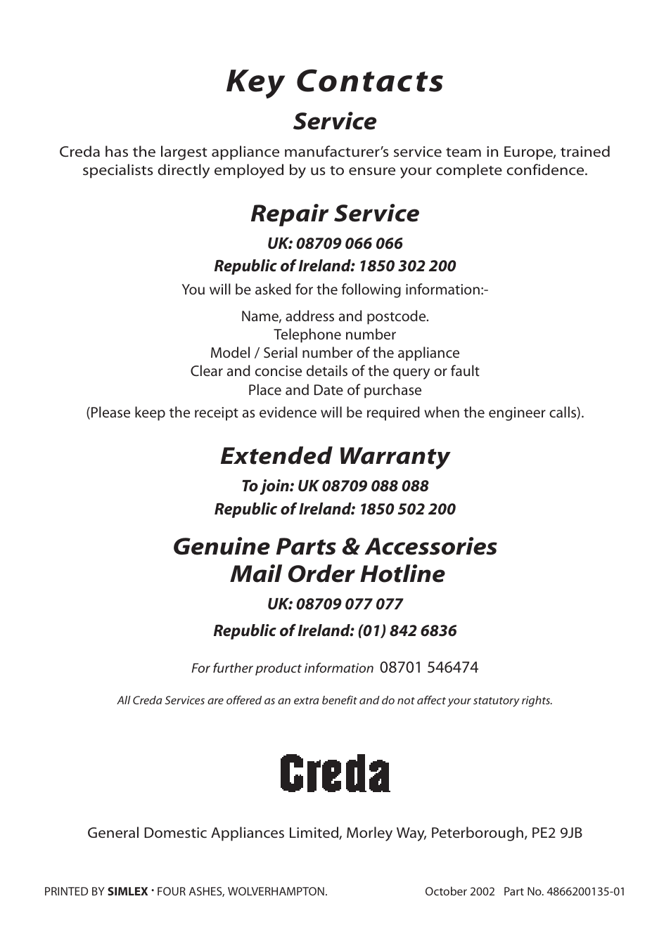 Key contacts, Service, Repair service | Extended warranty, Genuine parts & accessories mail order hotline | Creda REFLECTION User Manual | Page 36 / 36
