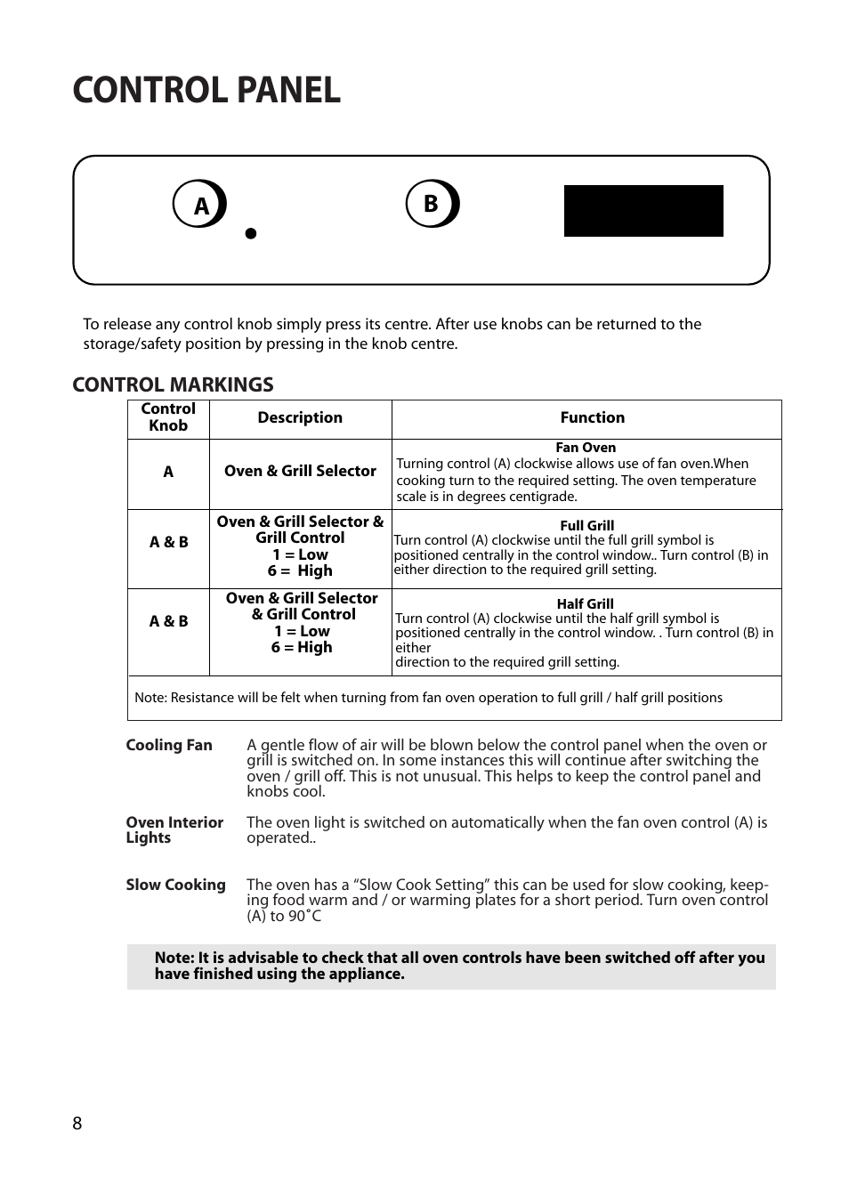 Control panel | Creda REFLECTION User Manual | Page 8 / 36