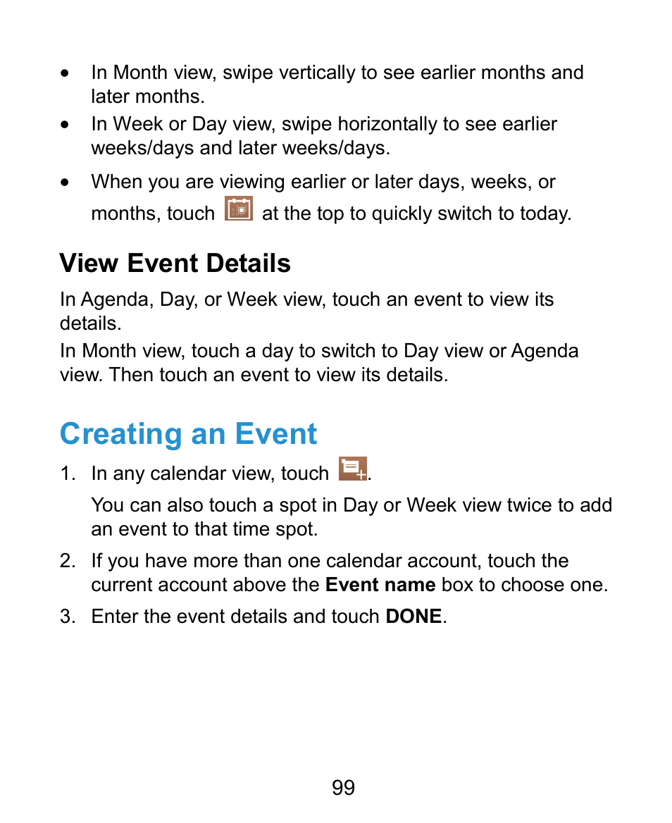 Creating an event, View event details | ZTE Kis3 User Manual | Page 100 / 176