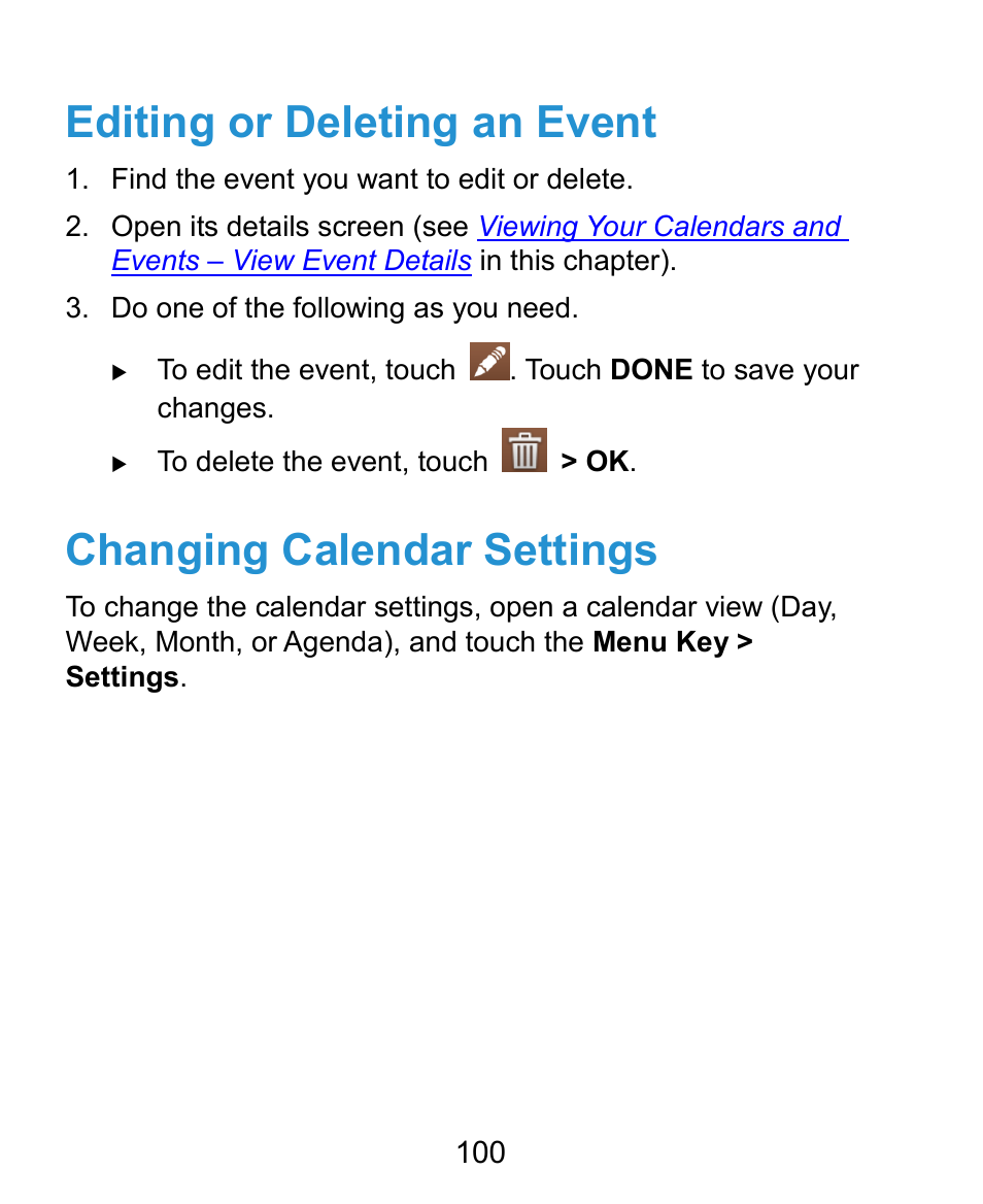 Editing or deleting an event, Changing calendar settings | ZTE Kis3 User Manual | Page 101 / 176