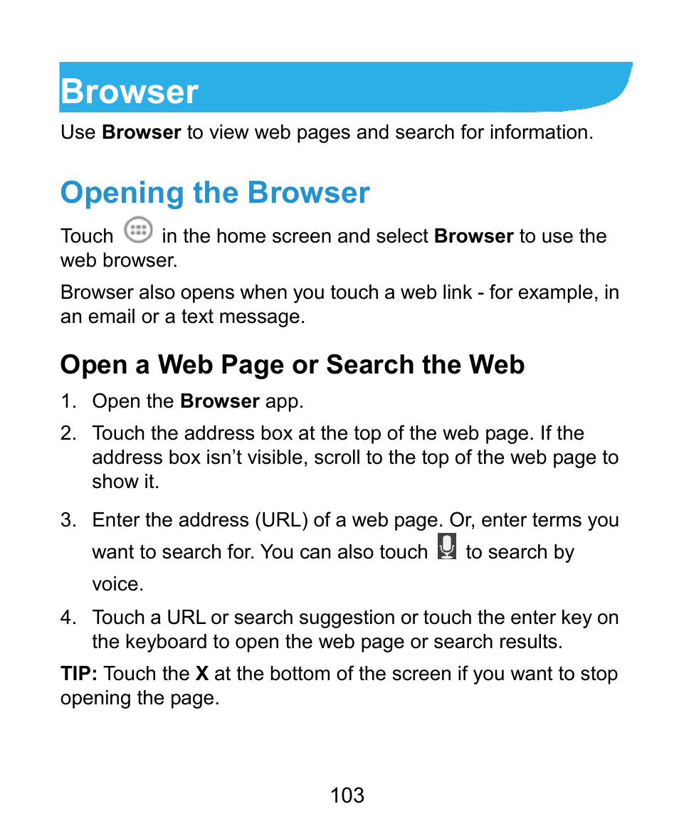 Browser, Opening the browser, Open a web page or search the web | ZTE Kis3 User Manual | Page 104 / 176