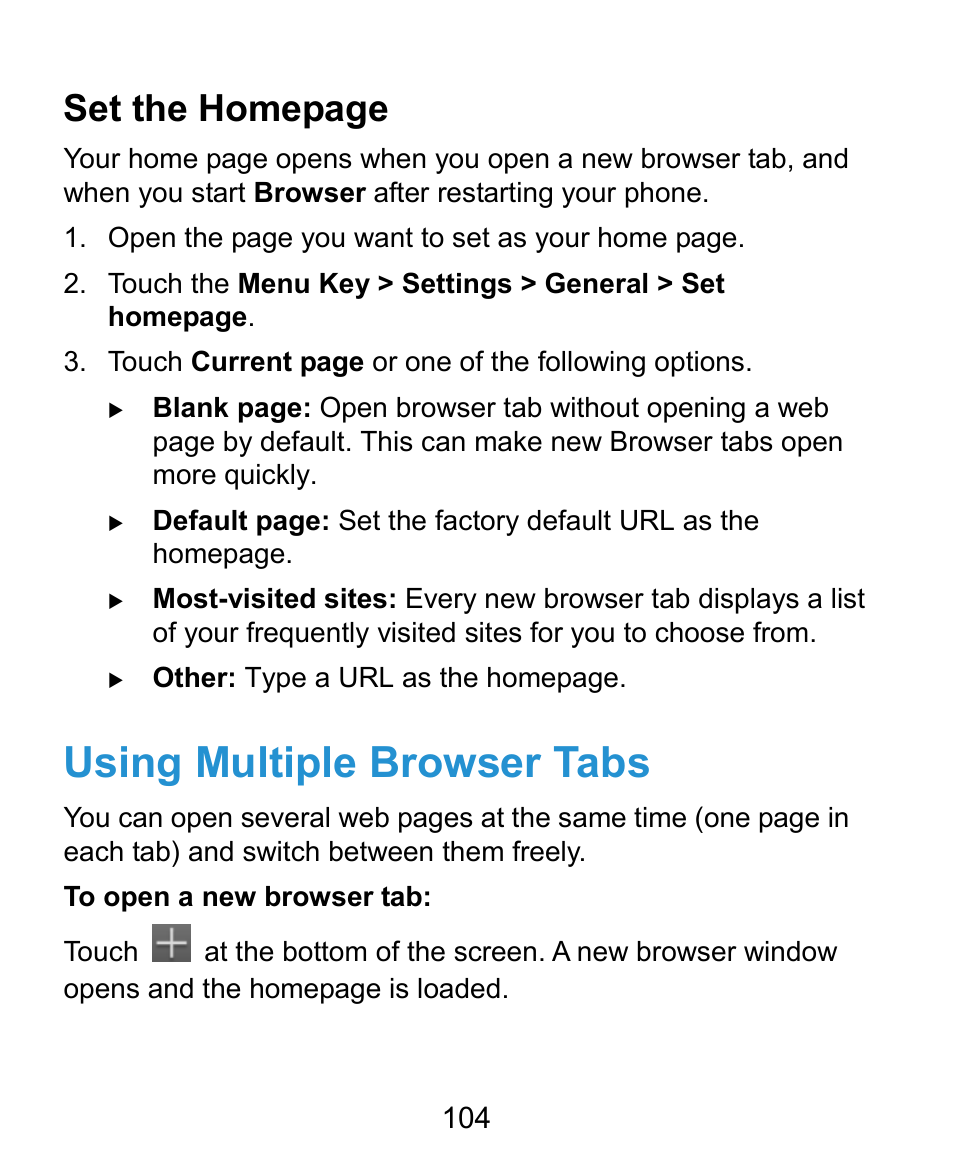 Using multiple browser tabs, Set the homepage | ZTE Kis3 User Manual | Page 105 / 176