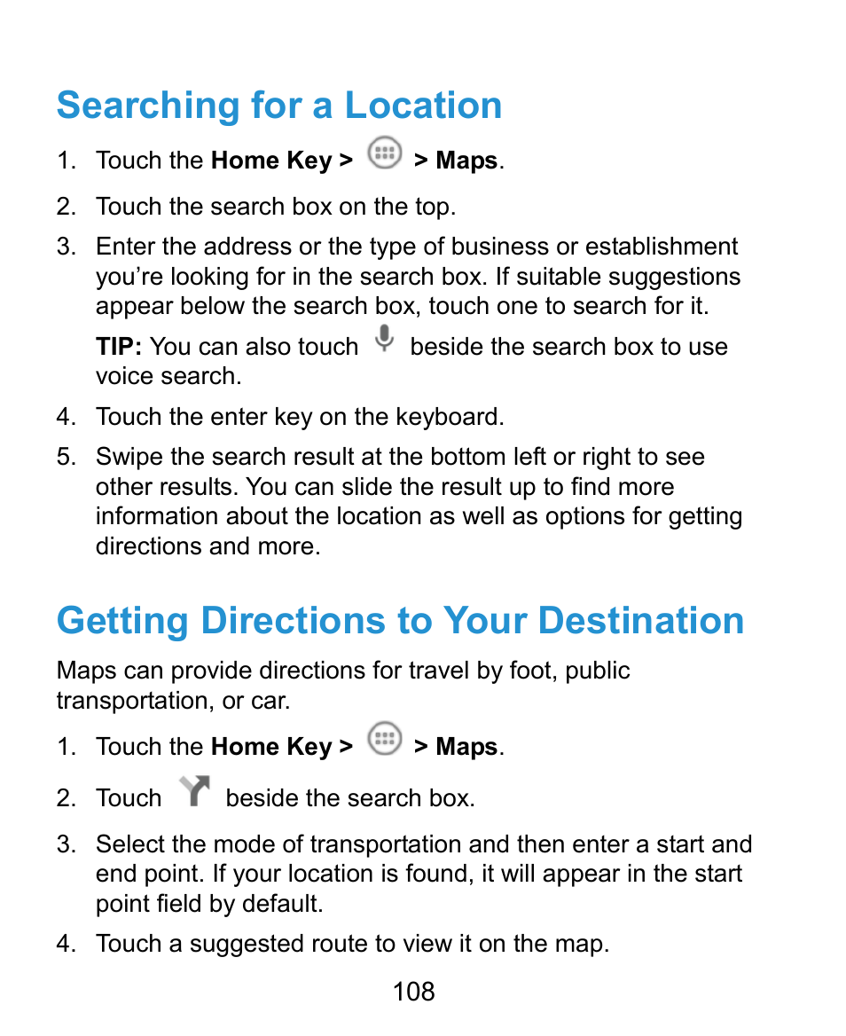 Searching for a location, Getting directions to your destination | ZTE Kis3 User Manual | Page 109 / 176