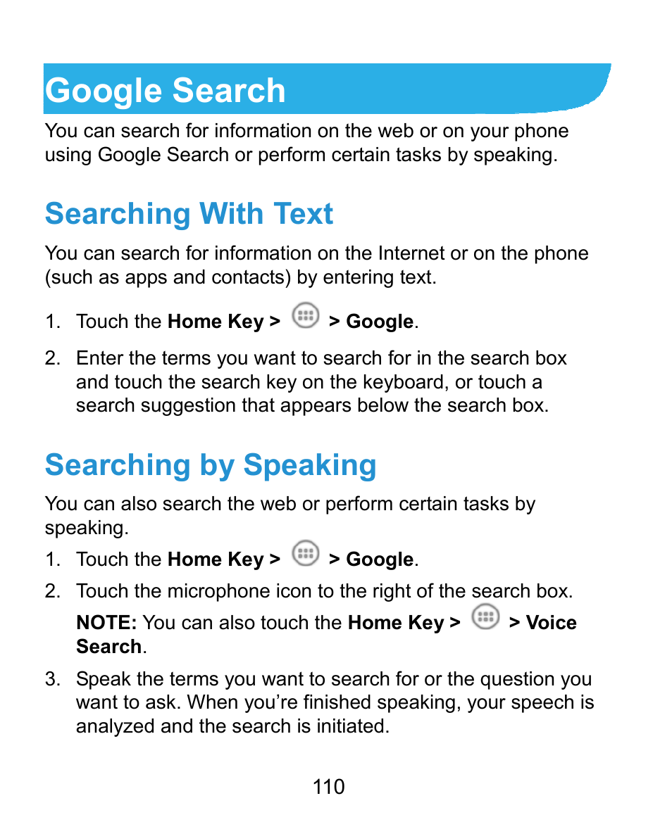 Google search, Searching with text, Searching by speaking | ZTE Kis3 User Manual | Page 111 / 176