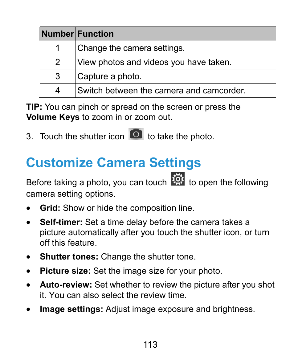 Customize camera settings | ZTE Kis3 User Manual | Page 114 / 176