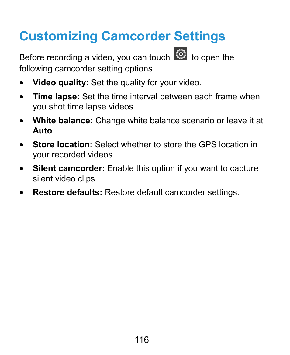 Customizing camcorder settings | ZTE Kis3 User Manual | Page 117 / 176