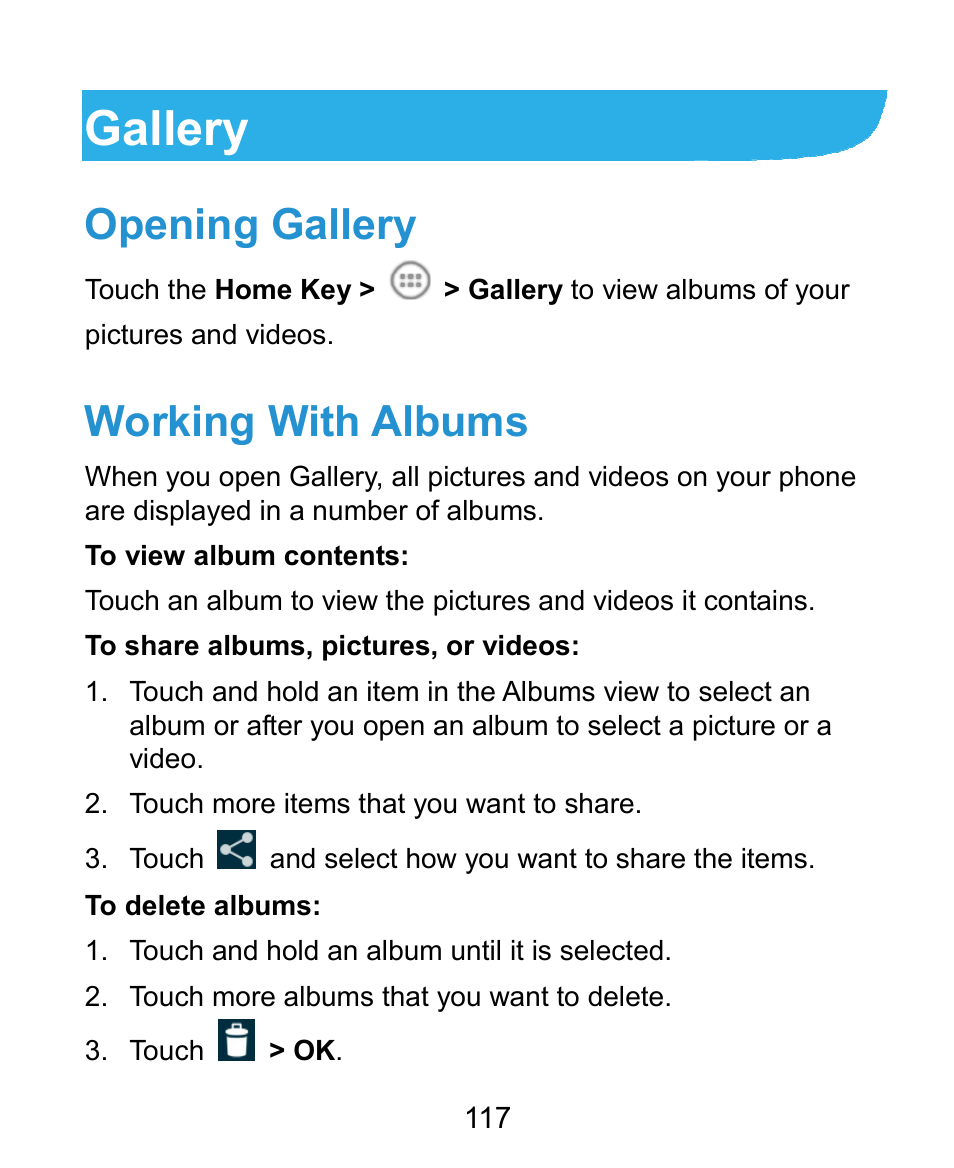 Gallery, Opening gallery, Working with albums | ZTE Kis3 User Manual | Page 118 / 176