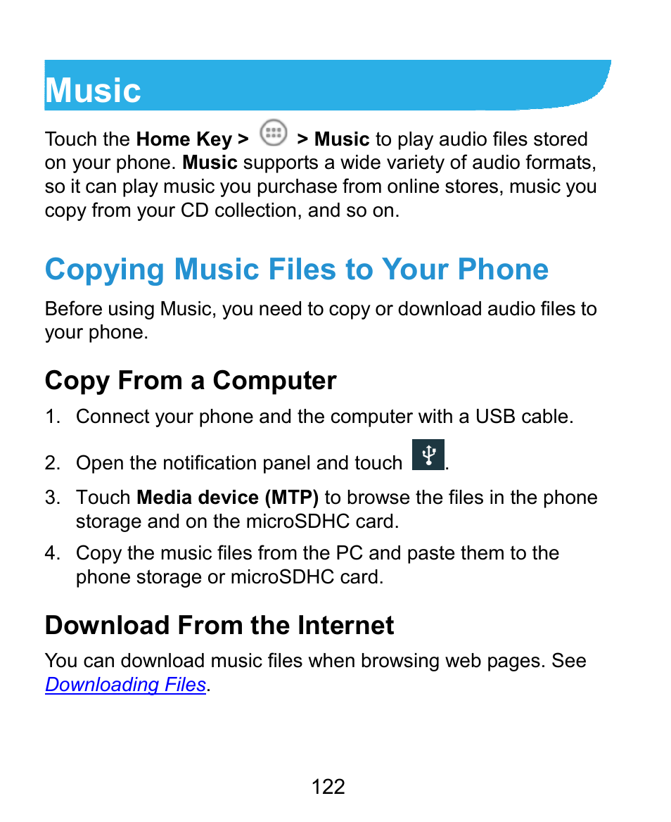 Music, Copying music files to your phone, Copy from a computer | Download from the internet | ZTE Kis3 User Manual | Page 123 / 176