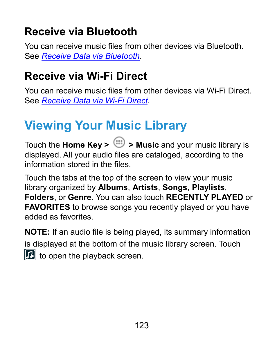 Viewing your music library, Receive via bluetooth, Receive via wi-fi direct | ZTE Kis3 User Manual | Page 124 / 176
