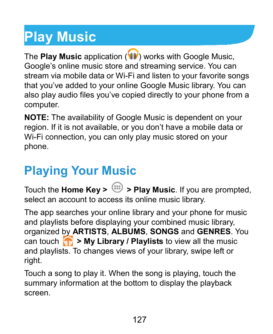 Play music, Playing your music | ZTE Kis3 User Manual | Page 128 / 176