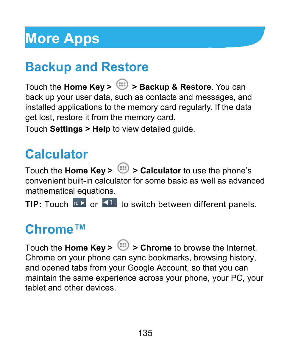 More apps, Backup and restore, Calculator | Chrome | ZTE Kis3 User Manual | Page 136 / 176