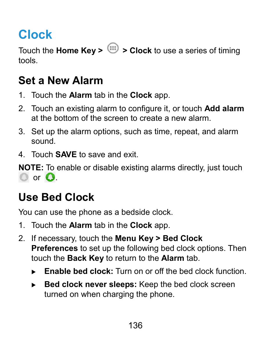 Clock, Set a new alarm, Use bed clock | ZTE Kis3 User Manual | Page 137 / 176