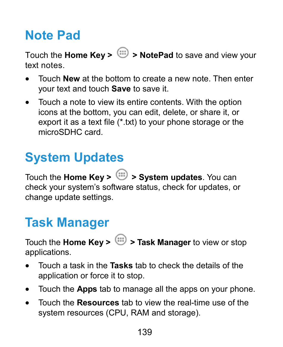 System updates, Task manager | ZTE Kis3 User Manual | Page 140 / 176