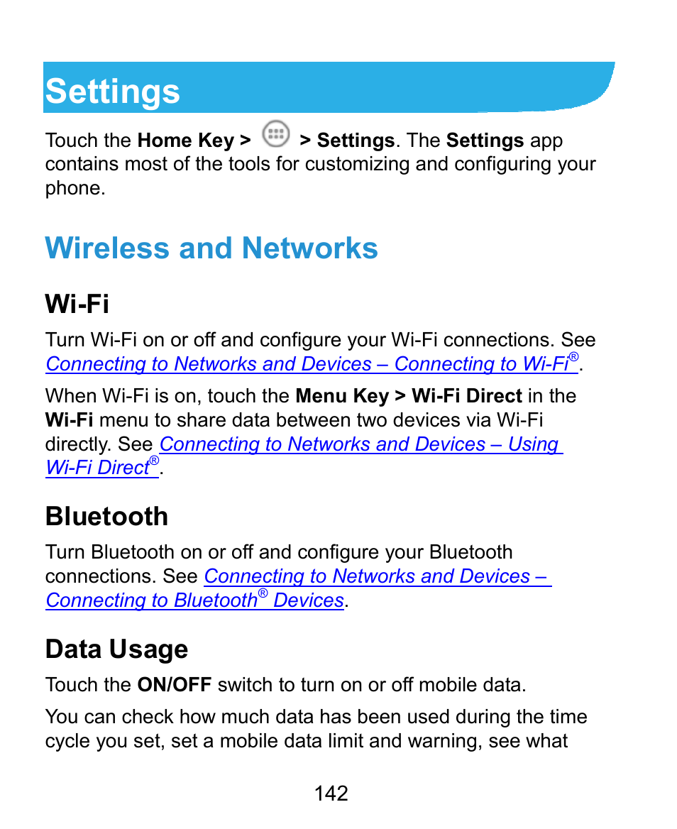 Settings, Wireless and networks, Wi-fi | Bluetooth, Data usage | ZTE Kis3 User Manual | Page 143 / 176