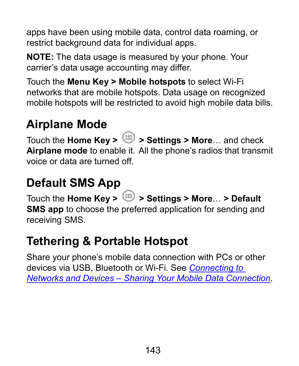 Airplane mode, Default sms app, Tethering & portable hotspot | ZTE Kis3 User Manual | Page 144 / 176