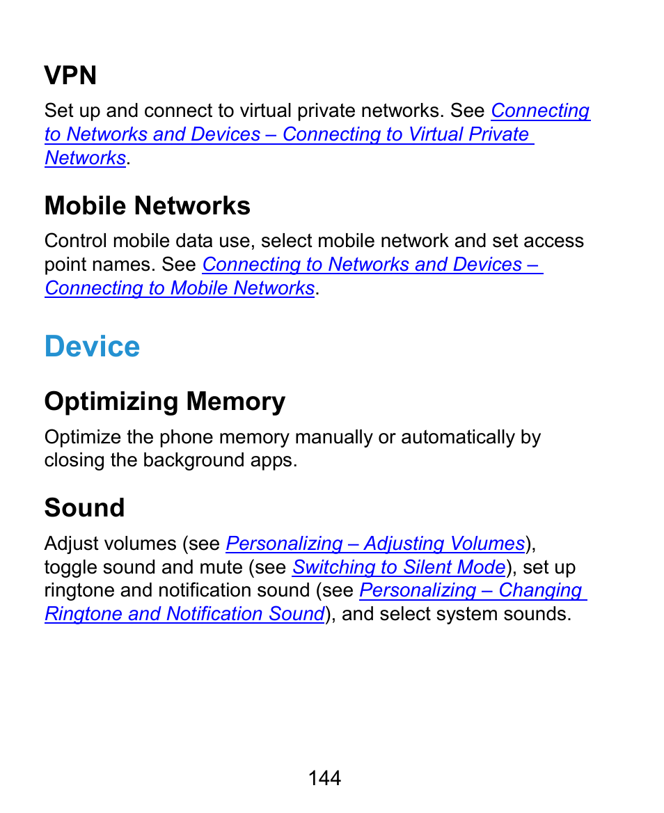 Device, Mobile networks, Sound | ZTE Kis3 User Manual | Page 145 / 176