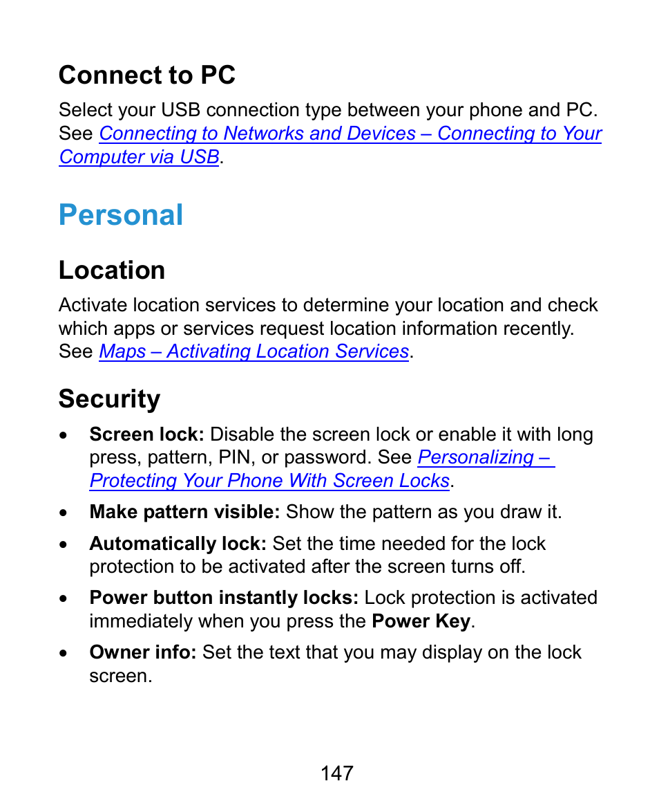 Personal, Connect to pc, Location | Security | ZTE Kis3 User Manual | Page 148 / 176