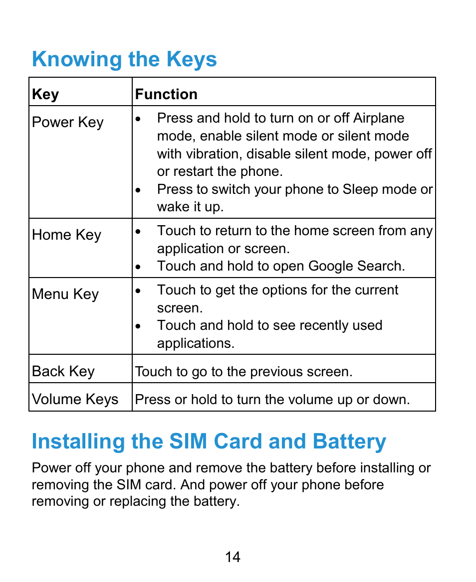 Knowing the keys, Installing the sim card and battery | ZTE Kis3 User Manual | Page 15 / 176