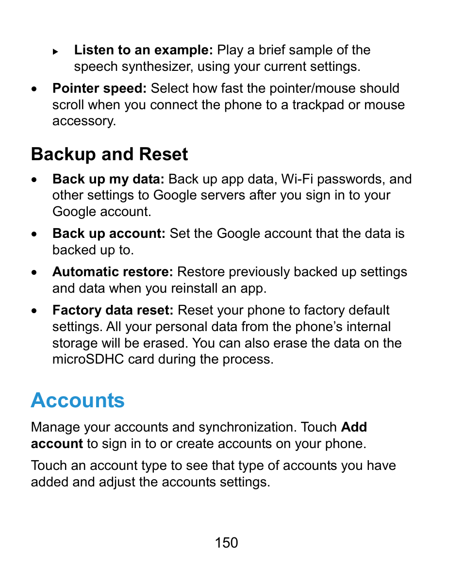 Reset it to factory settings (see, Settings – personal – backup and, Reset | Accounts, Backup and reset | ZTE Kis3 User Manual | Page 151 / 176