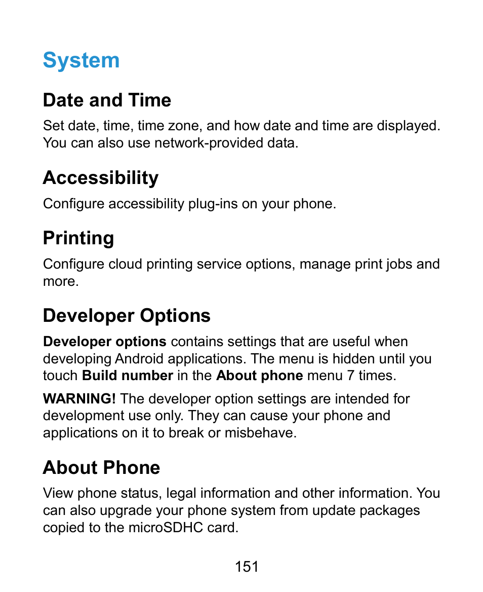 System, Date and time, Accessibility | Printing, Developer options, About phone | ZTE Kis3 User Manual | Page 152 / 176